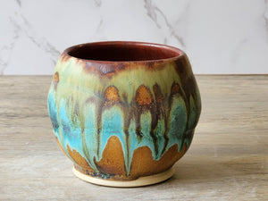 Melbourne handmade yunomi tea cup – turquoise and brown with woodfired look.
