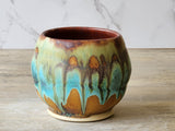 Melbourne handmade yunomi tea cup – turquoise and brown with woodfired look.
