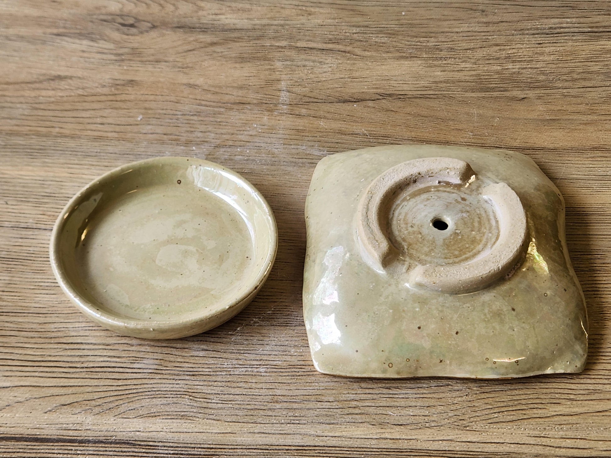 Artisan ceramic soap dish with gold trim