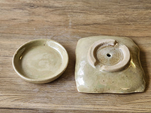 Artisan ceramic soap dish with gold trim
