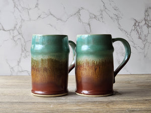 Artisan handmade ceramic beer mugs with unique glaze