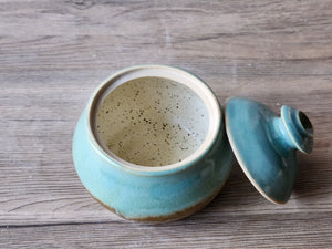 Handmade stoneware sugar container – green brown glaze