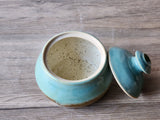 Handmade stoneware sugar container – green brown glaze