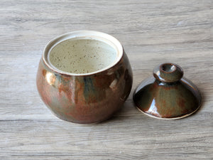 Handmade bronze ceramic sugar bowl with lid speckled cream glaze lining