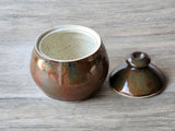Handmade bronze ceramic sugar bowl with lid speckled cream glaze lining