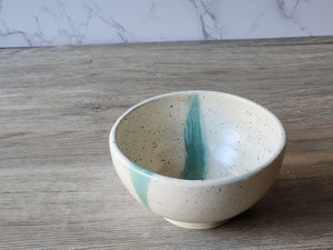 Handmade stoneware dessert bowl with green accent