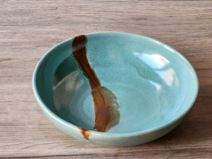 Handmade pottery soup bowl with brown glaze accent
