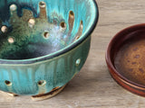 Handmade stoneware berry rinse bowl, glazed in green and brown