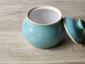 Artisan ceramic sugar pot, mottled glaze and glossy interior