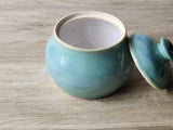 Artisan ceramic sugar pot, mottled glaze and glossy interior