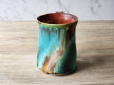 Australian 400ml handmade pottery mug with multi coloured  matt and glossy glazes