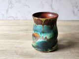 400 ml pottery mug – glossy red‑brown interior, green and blue glaze exterior