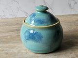 High-fired green and blue sugar pot with lid on