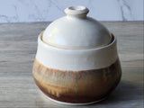 Buxton Pottery handmade ceramic sugar bowl with lid, earthy cream and rust glaze, Australian stoneware