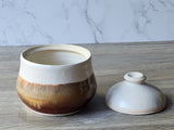 Handmade ceramic sugar bowl by Buxton Pottery showing speckled interior glaze, Australian studio pottery