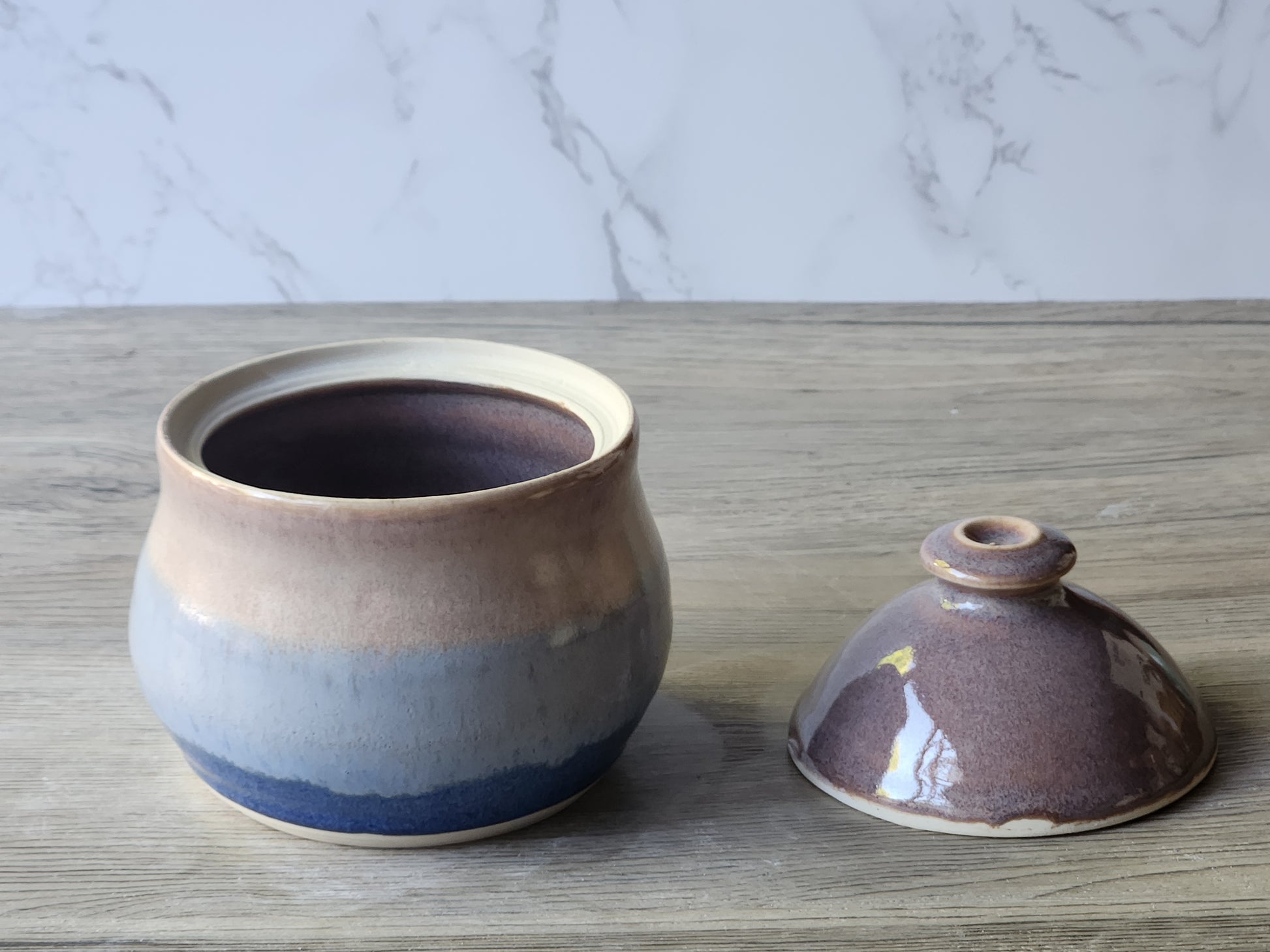 Handmade ceramic sugar bowl with lid removed showing interior glaze from our Melbourne studio.