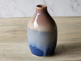 Handmade ceramic bud vase 14cm tall oatmeal and deep blue glaze, handmade pottery Melbourne Australia