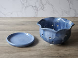 Handmade ceramic strawberry bowl and matching saucer, blue glazed pottery colander set