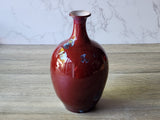 Red crystalline ceramic vase full view showing blue crystal fans on glossy red surface, handmade in Melbourne Australia