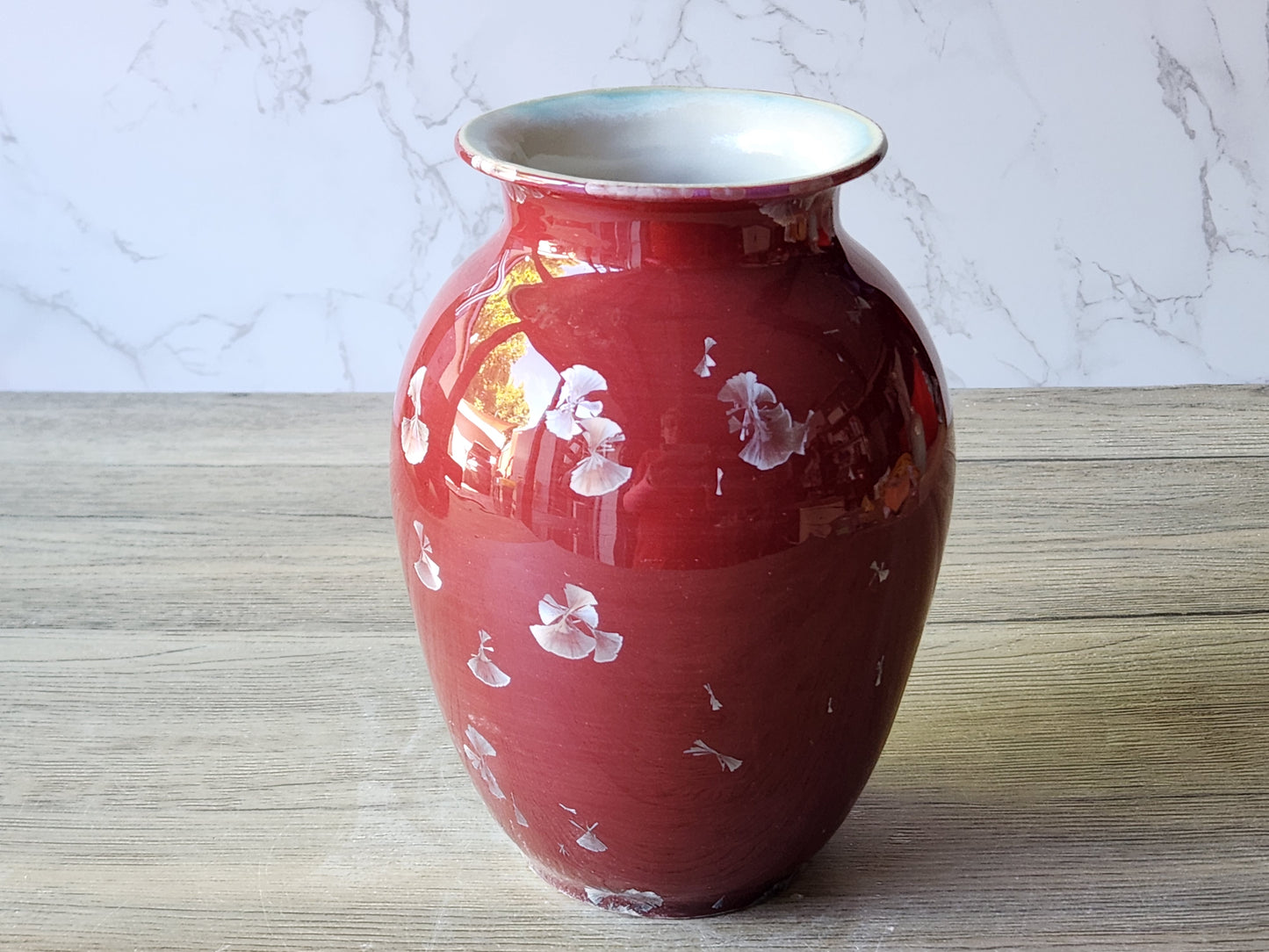 Front view of red crystalline porcelain vase with silver crystals, handmade in Melbourne Australia