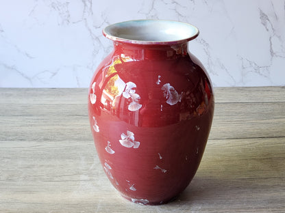 Front view of red crystalline porcelain vase with silver crystals, handmade in Melbourne Australia