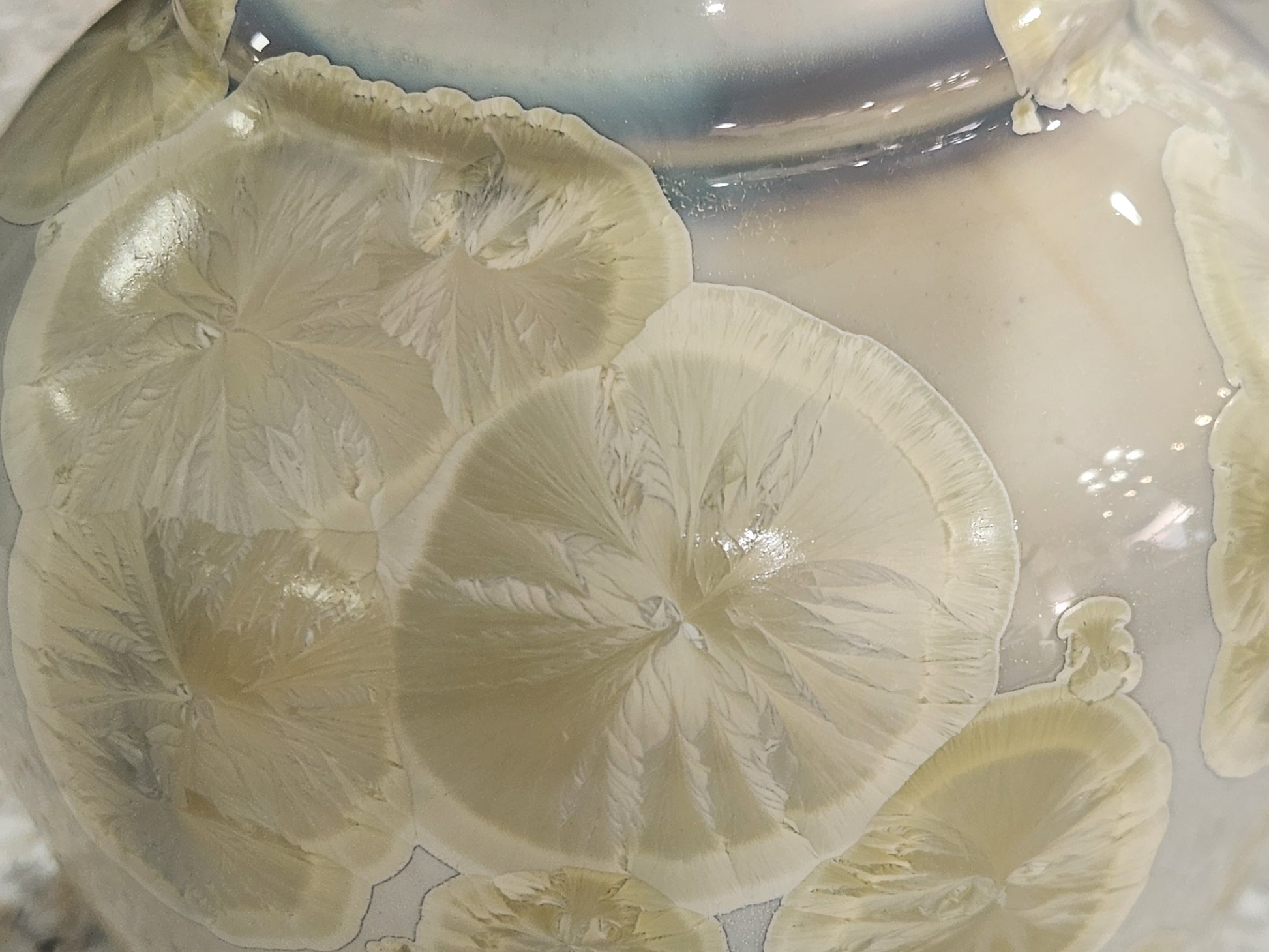 Golden crystals shown in close up of a large crystalline vase made n Melbourne.