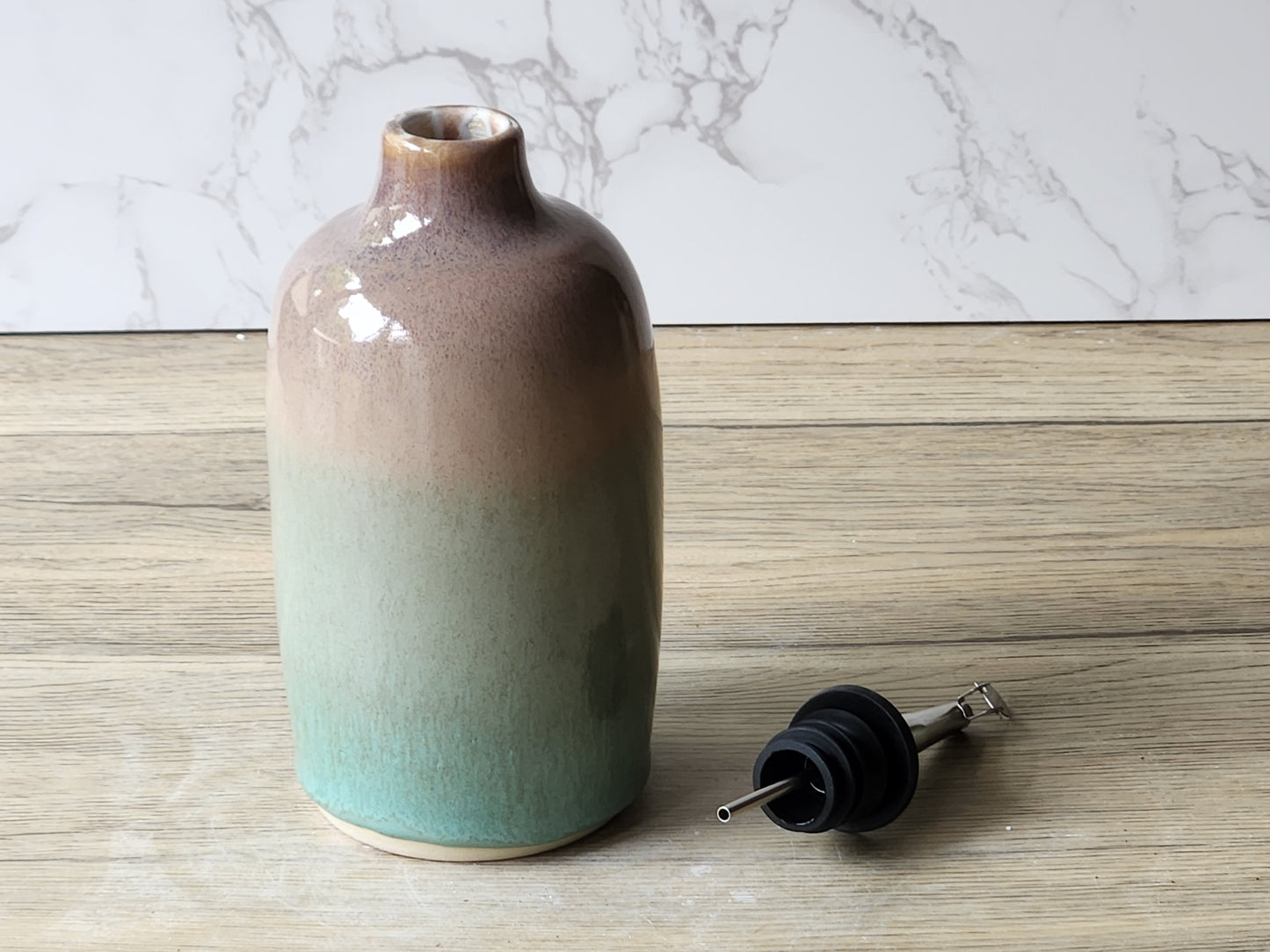 Handmade ceramic cruet for olive oil or vinegar, green and brown glaze, Buxton Pottery