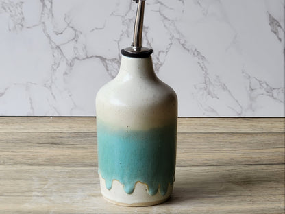Artisan ceramic pouring bottle for olive oil with stainless spout and stopper