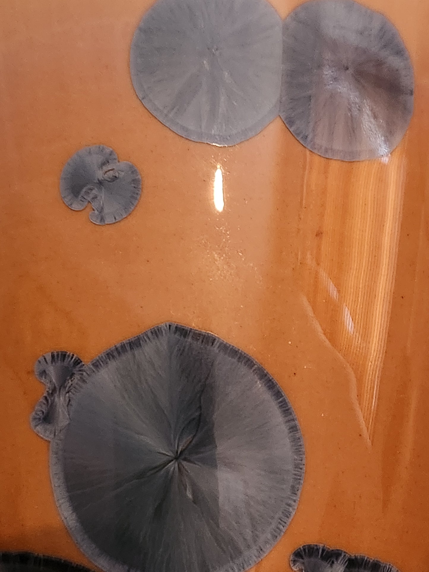 Close-up of blue crystalline glaze details on handmade amber ceramic vase