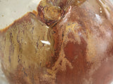 Close-up of cream and earthy brown glaze on a handmade ceramic salt pig