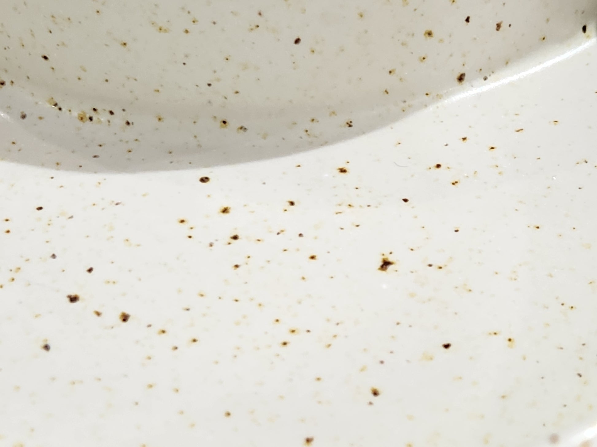 Close-up of speckled cream glaze on handmade ceramic chip and dip bowl with sauce compartment