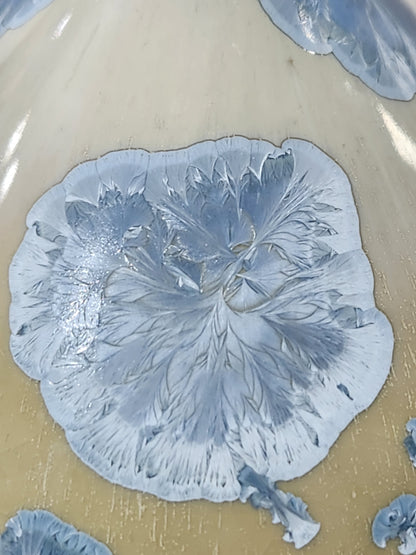 Close-up of large overlapping pale blue crystals across the rounded belly.