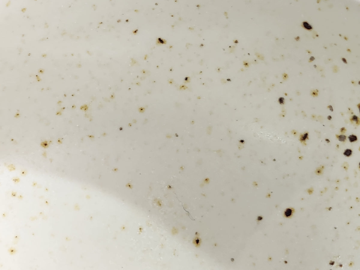 Close-up of the subtle brown speckles on a handmade cream ceramic condiment bowl.