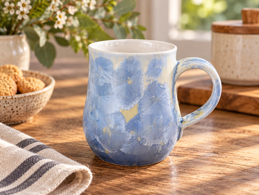 Lifestyle image of 325ml soft blue crystalline pottery coffee mug