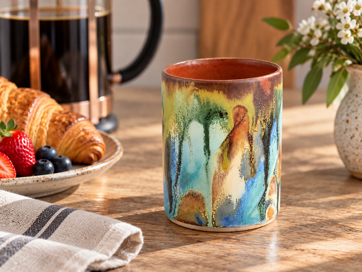 Handmade ceramic tumbler 250ml with blue green ochre and brown glaze by Buxton Pottery