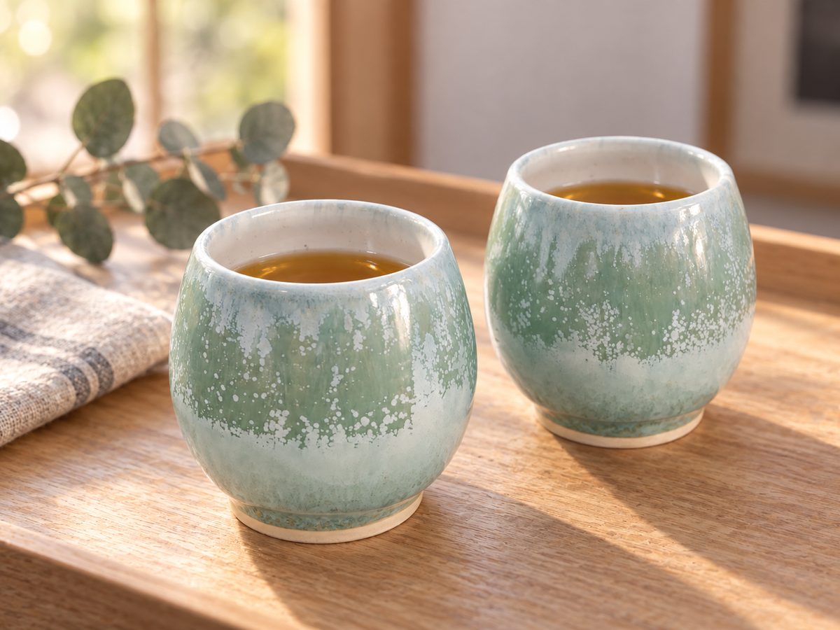 Pair of handmade Japanese-inspired 250ml ceramic tea cups in soft green mottled glaze