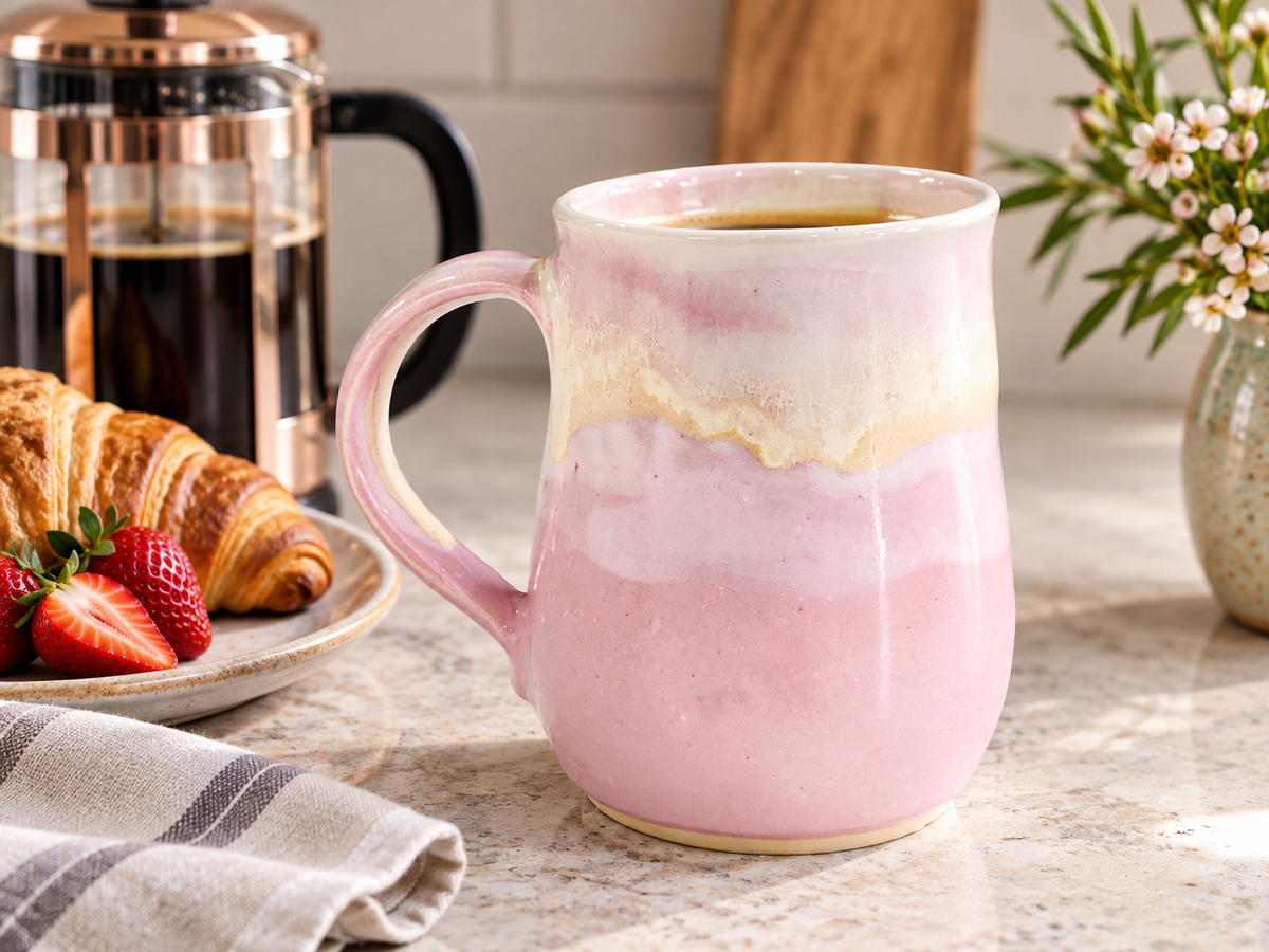 Handmade pink pottery mug 400ml with French press and breakfast, Buxton Pottery Melbourne