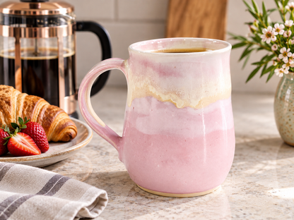 Handmade pink pottery mug 400ml with French press and breakfast, Buxton Pottery Melbourne