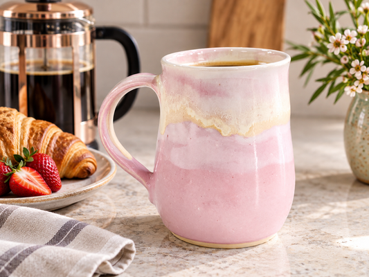 Handmade pink pottery mug 400ml with French press and breakfast, Buxton Pottery Melbourne