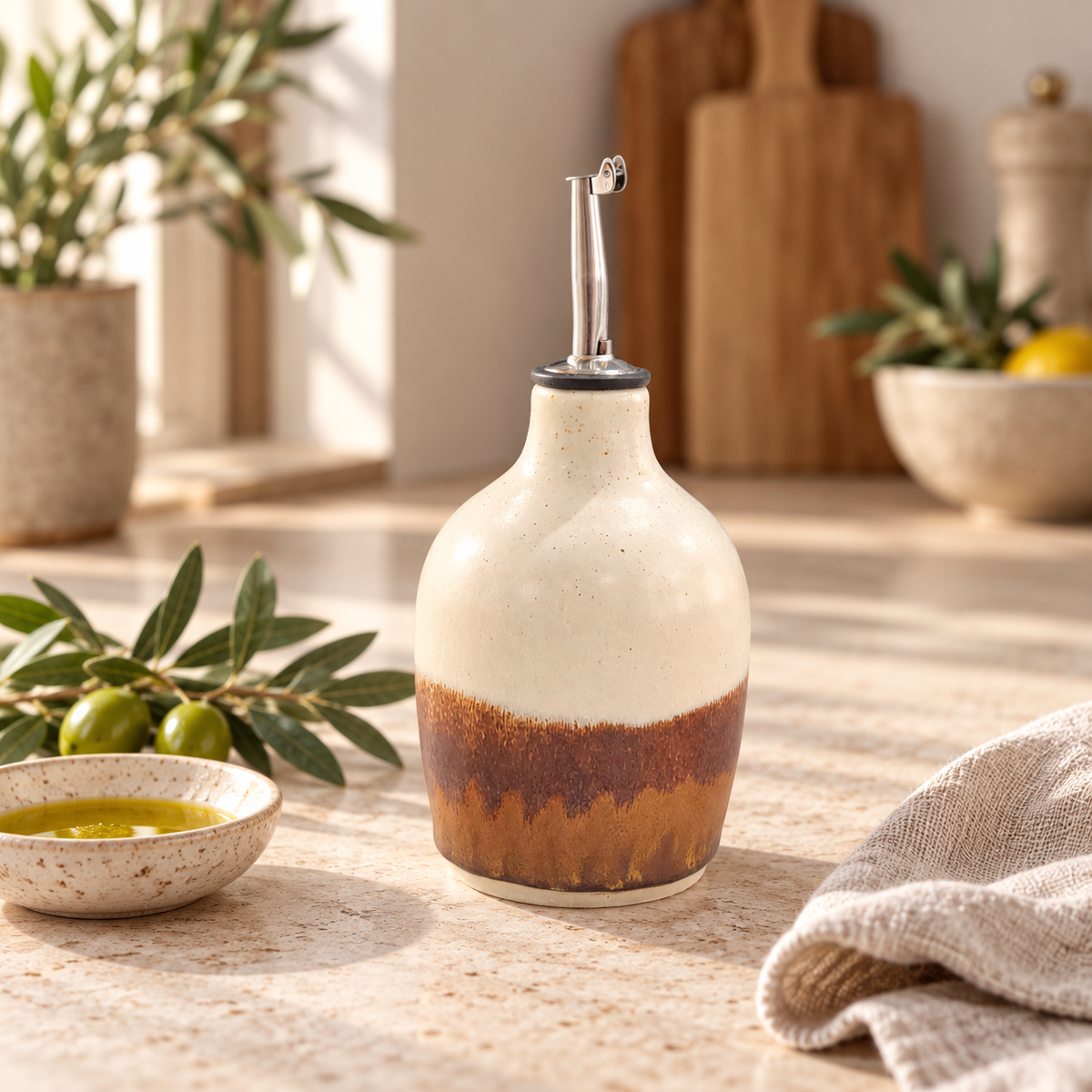 Handmade ceramic oil bottle with cream and earthy brown glaze, 350 ml