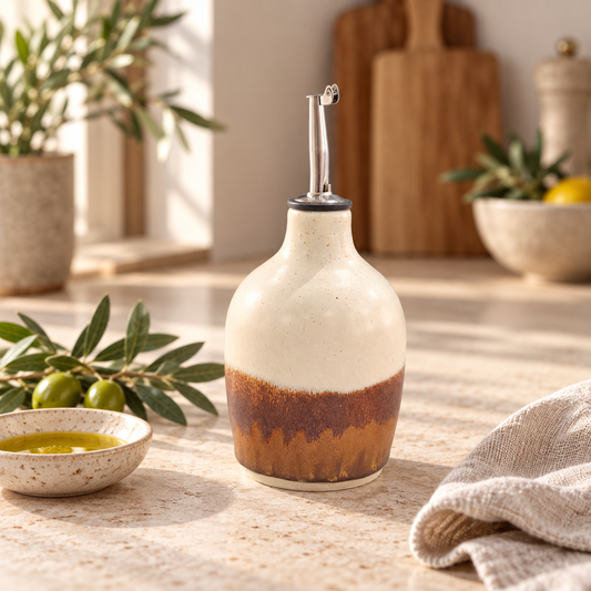 Handmade ceramic oil bottle with cream and earthy brown glaze, 350 ml