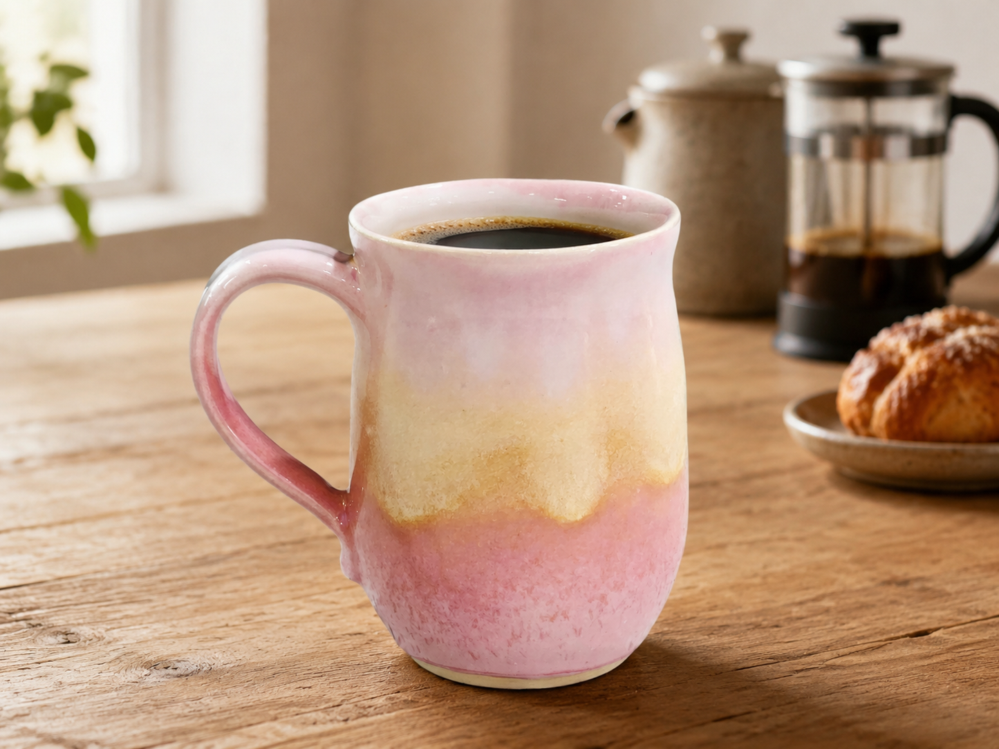 Handmade 350ml pink and oatmeal pottery mug with coffee and French press
