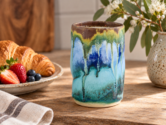 Handmade ceramic tumbler 350ml in layered blue green and brown glazes, Buxton Pottery Melbourne