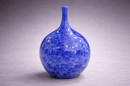 Small cobalt blue crystalline glazed vase, studio product photo, handmade pottery