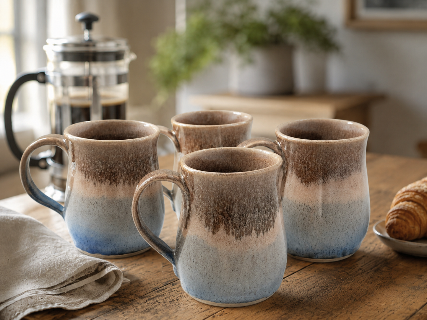 Hero image of four handmade pottery mugs in oatmeal and blue glaze on a rustic table, Melbourne ceramics