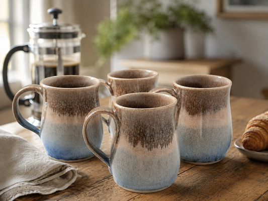 Hero image of four handmade pottery mugs in oatmeal and blue glaze on a rustic table, Melbourne ceramics
