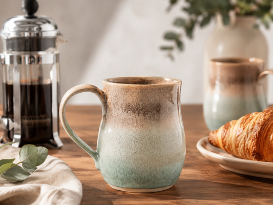 Blue Gum spearmint and oatmeal handmade mug with French press and croissant