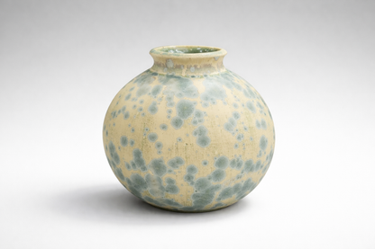 Handmade pottery moon jar vase in matte crystalline glaze, cream with teal crystals, Buxton Pottery Melbourne