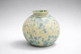Small ceramic moon jar vase front view, creamy yellow matte glaze with teal crystalline pattern and glossy green-blue rim