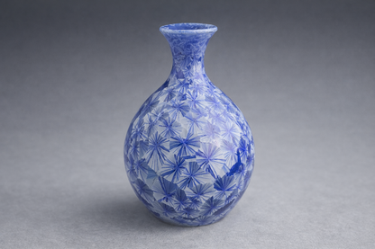 Handmade blue crystalline glaze bud vase, Melbourne studio ceramics, grey studio background